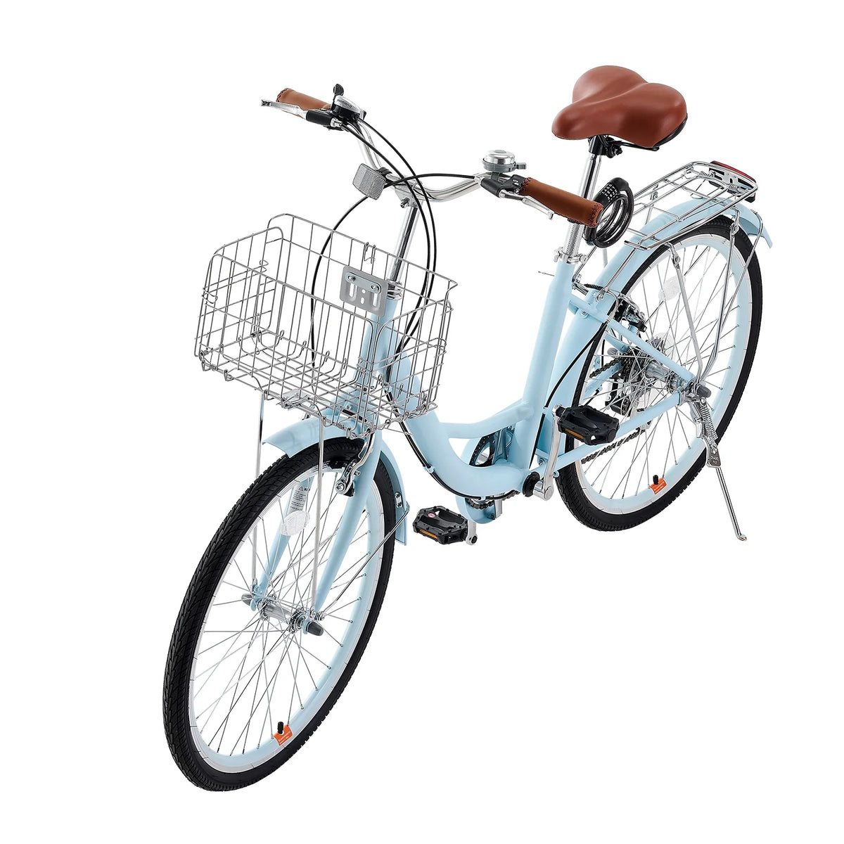 KFFKFF 26" Cruiser Bike, 7-Speed,Pale Blue Coastal Riding Bike with Spacious Basket and Back Stand, Safe & Robust Bicycle with Modifiable Saddle