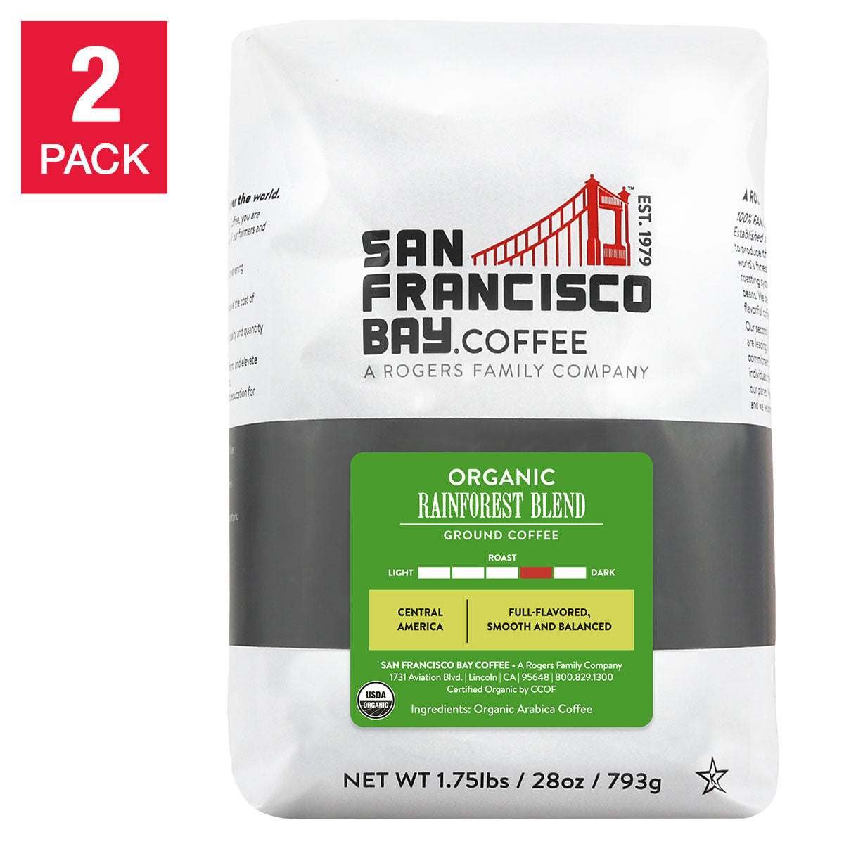 San Francisco Bay Coffee Organic Rainforest Blend Ground 28oz, 2-pack