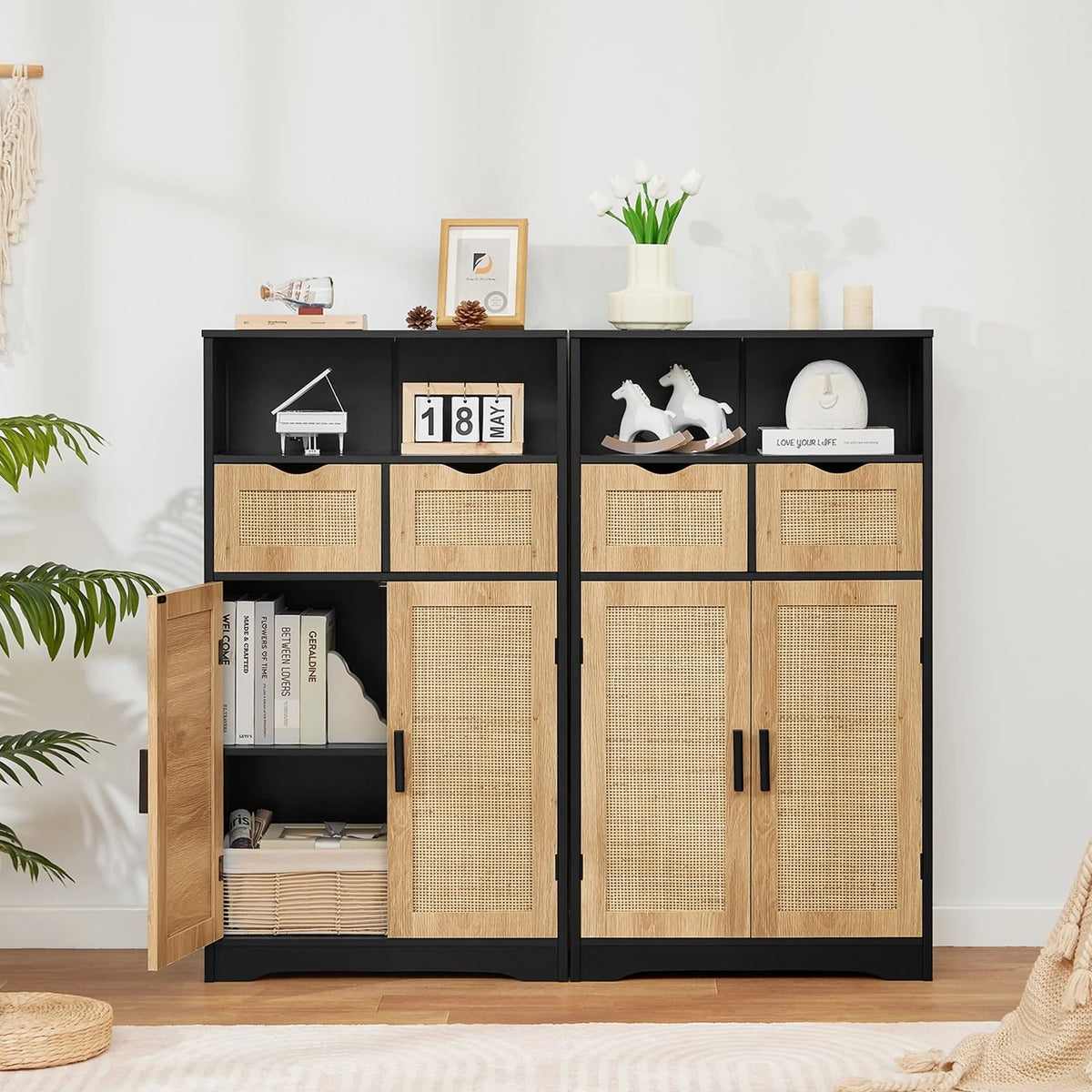 Iwell Rattan Storage Cabinet with 2 Drawers & 2 Shelves, Floor Cabinet for Living Room