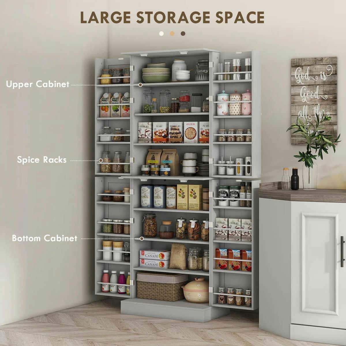 Spaco 17-Tier Kitchen Small Pantry Cabinet with 2 Doors and 6 Adjustable Shelves, Cabinet Pantry, Freestanding 5-Tier Shelving Pantries for Kitchen Storage, Gray