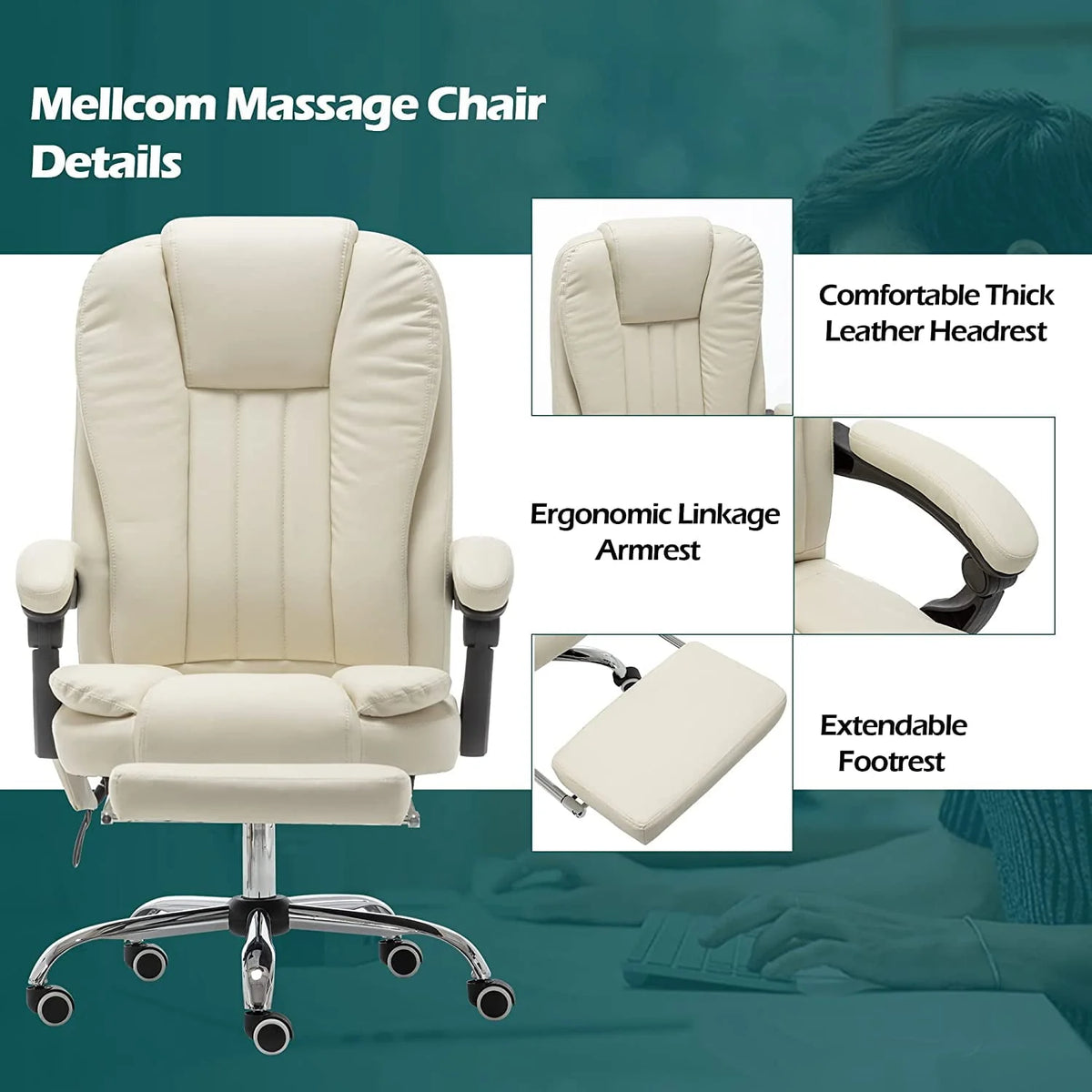 Mellcom Massage Office Chair, Pu Leather Executive Computer Gaming Chair, Beige