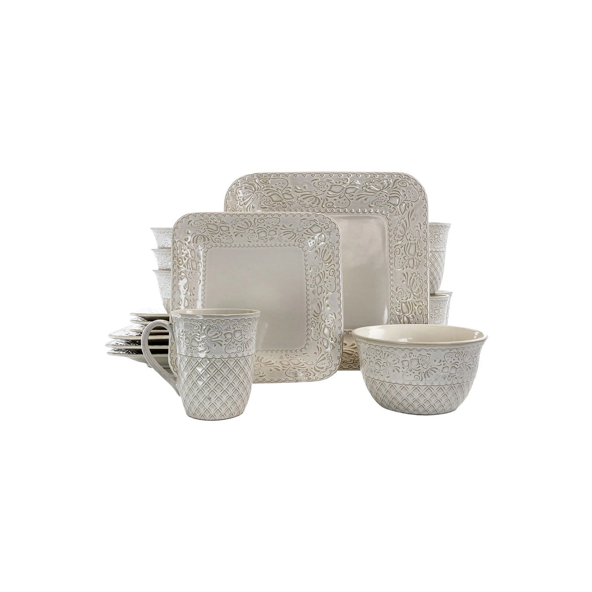 Elama Ivory Lotus 16 Piece Square Dinnerware Set