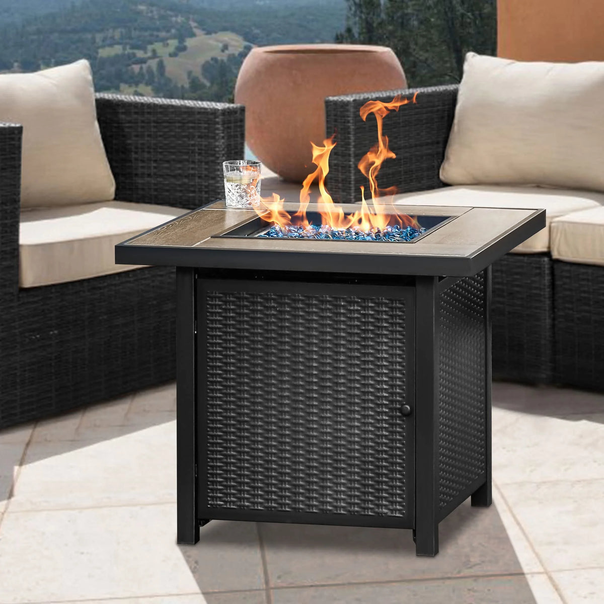 Bali Outdoors 28" Gas Fire Pit Table, Steel Tabletop Fire Pit Patio Furniture Table, Black