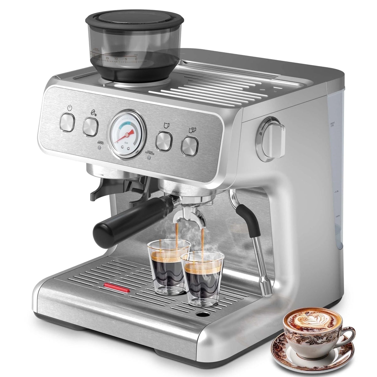Auseo 20 Bar Automatic Espresso Coffee Maker with Grinder and Milk Frother Steam Wand, Drip Hot Coffee, 1&2 Cups, Espresso/Cappuccino/Latte/Mocha for Home, Stainless Steel