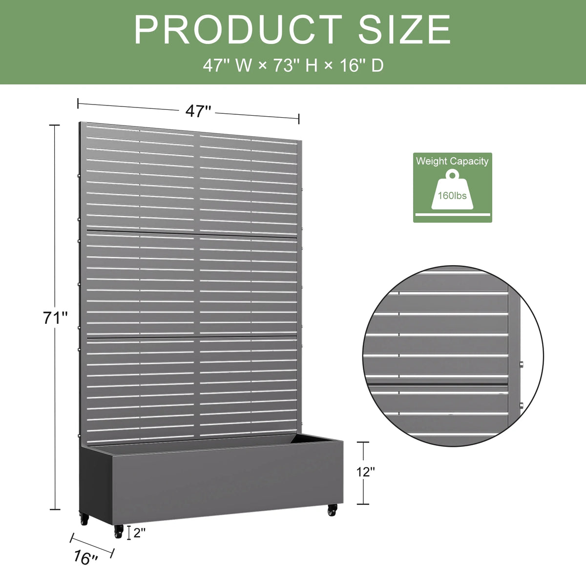 MAYEERTY 47*16*47"Outdoor White Metal Planter with Rect Louvered Climbing Trellis, Drainage hole & Wheels