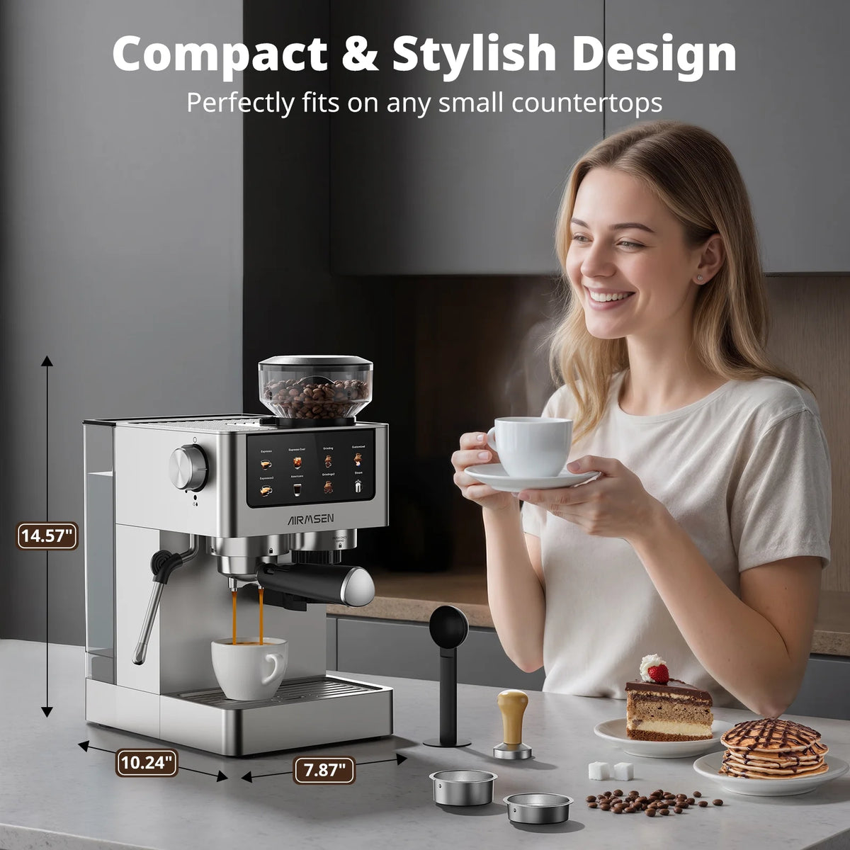 AIRMSEN Espresso Machine with Grinder, Espresso Coffee Machine with Customized Grind Amount & Coffee Volume, Cold Brew Coffee Maker for Cappuccino Latte Americano, Brushed Stainless Steel