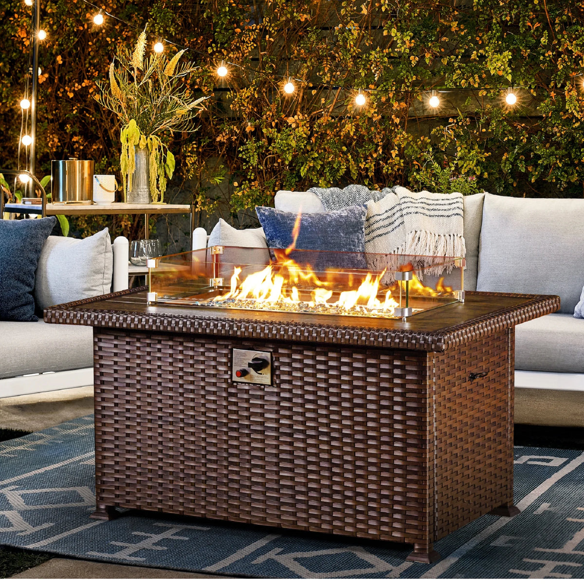 HOMREST Propane Fire Pit Table, 44 Inch 50,000 BTU Auto-Ignition Gas Fire Pit Table Rectangular /w Glass Wind Guard, Wood Plastic Composites Tabletop, CSA Certification Firepit for Outdoor Patio Lawn