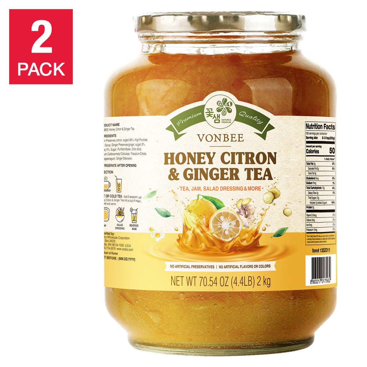 Vonbee Honey Citron & Ginger Tea, 4.4 lb, 2-pack