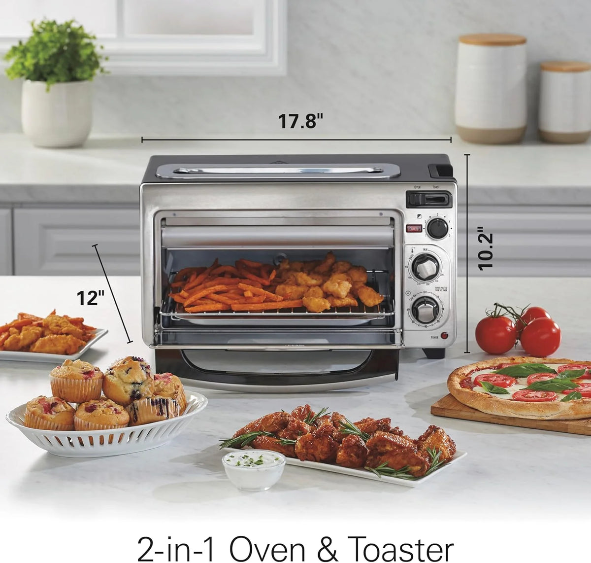 2-in-1 Countertop Toaster Oven and Long Slot 2 Slice Toaster, 60 Minute Timer and Automatic Shut Off, Shade Selector, Stainless Steel (31156)