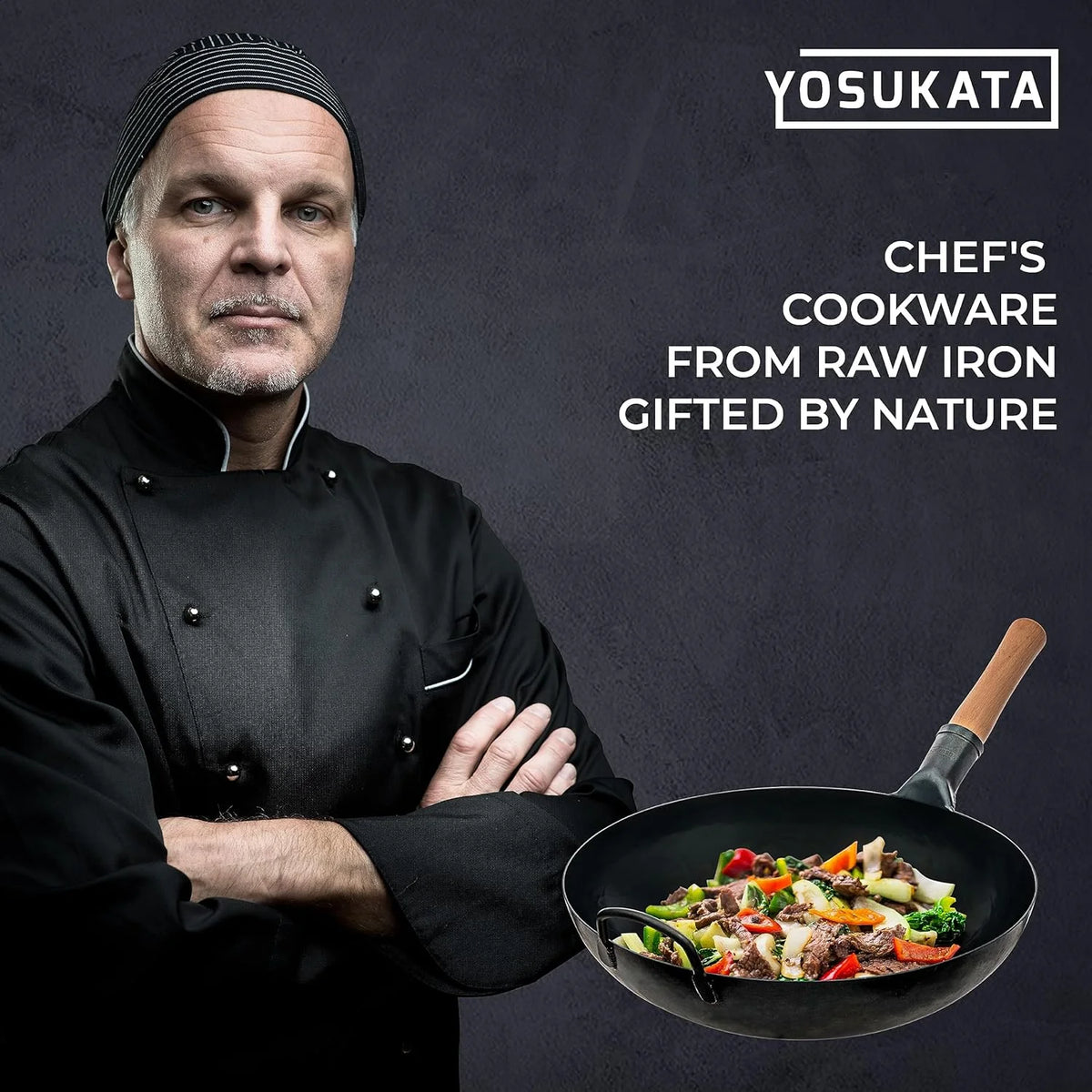 YOSUKATA 13.5" Carbon Steel Wok Pan �C Pre-Seasoned Flat Bottom Wok for Stir Fry, BBQ & Camping �C Works with Induction, Gas, Electric & Open Fire