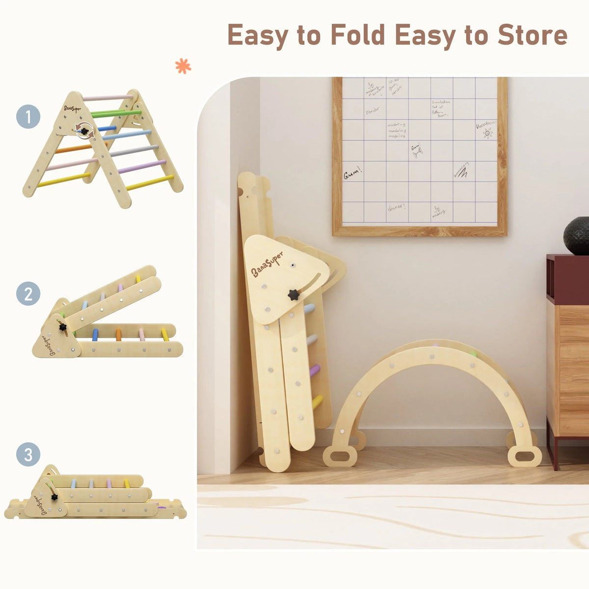 BanaSuper Colorful 3 in 1 Climbing Triangle Ladder with Ramp & Arch Foldable Wooden Triangle Climber Set Montessori Climbing Toys for Kids Ourdoor Indoor Playground Play Gym