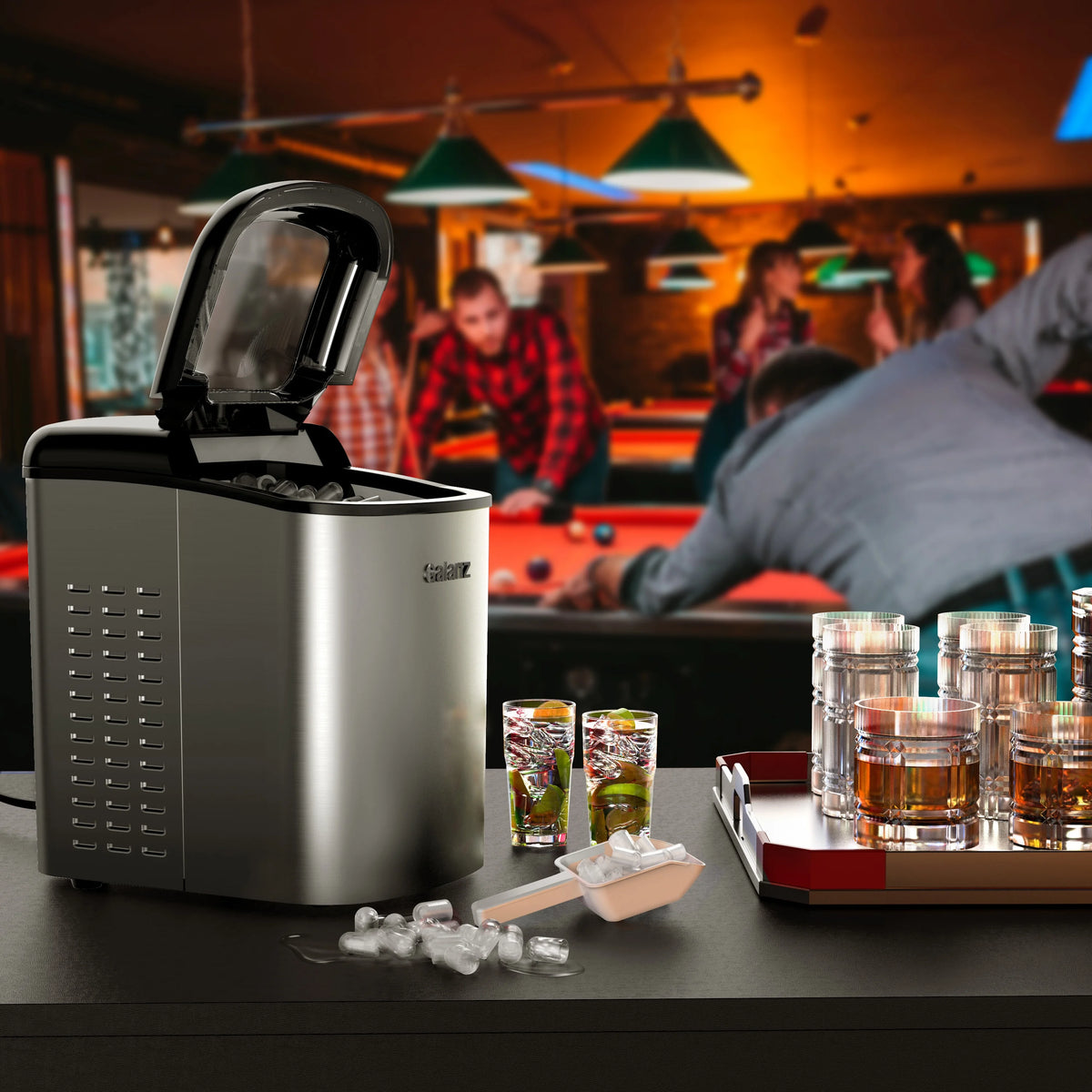 Galanz Portable Countertop Electric Maker Machine 26 lbs in 24 Hours, 9 Bullet Shaped Cubes Ready in 9 Minutes, 2 Ice Sizes, Perfect for Parties & Home Bar, 2.1 L, Retro Red
