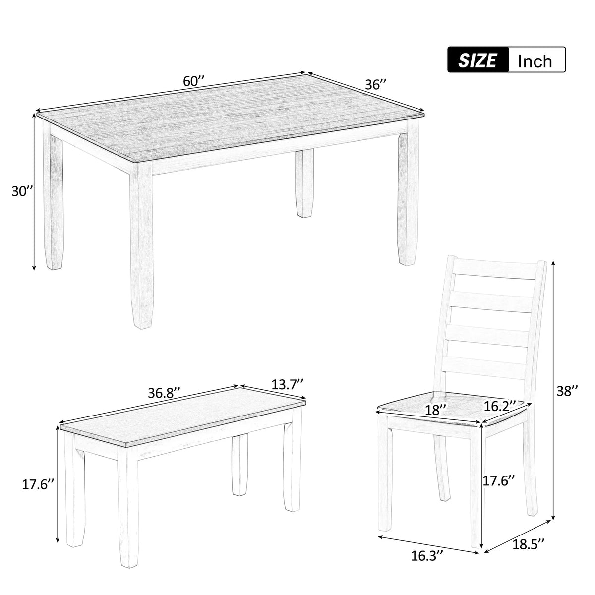 Rustic Dining table Set for 6, Wooden Rectangular Kitchen Dining Table with 4 Upholstered Dining Chairs and 1 Padded Bench, Dining Set with 4 Chairs, Dining Set for 6, Brown+Whitewash