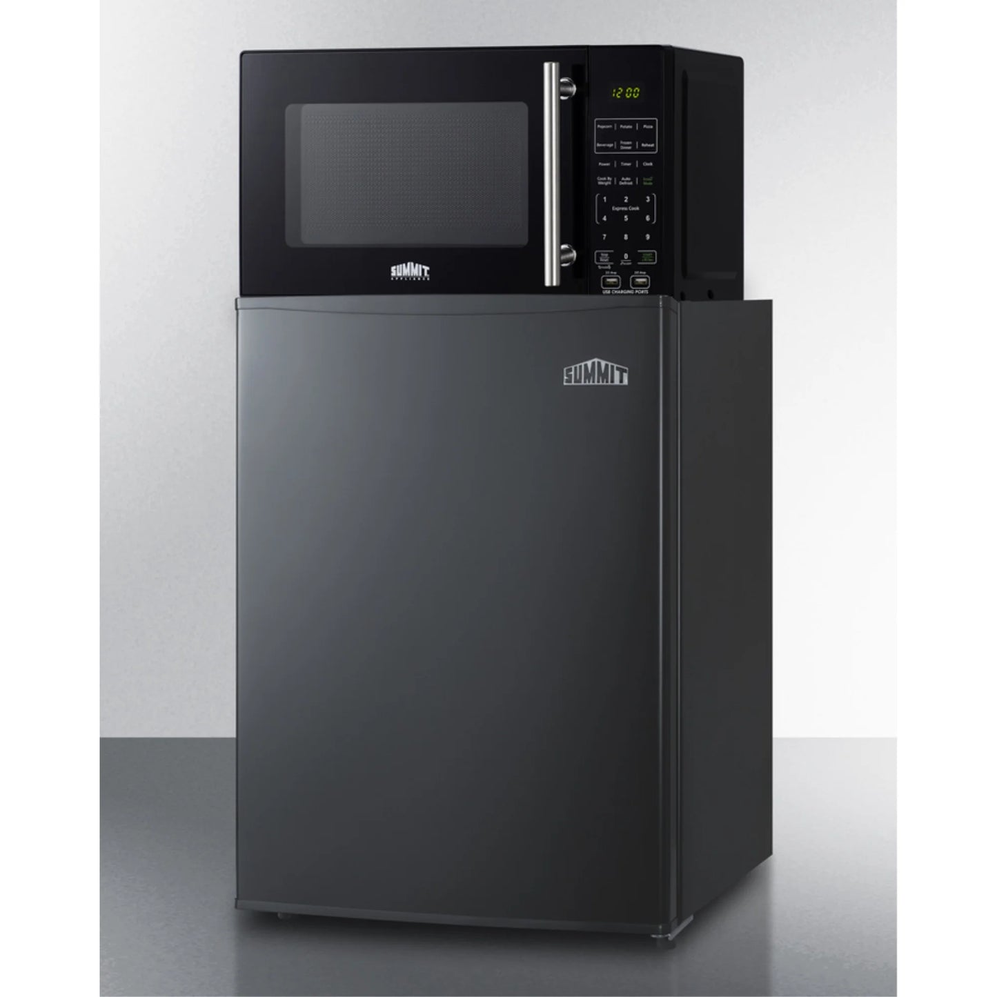 Compact all-refrigerator in black and microwave with built-in allocator, with brackets included (ships in 3 boxes on one pallet)