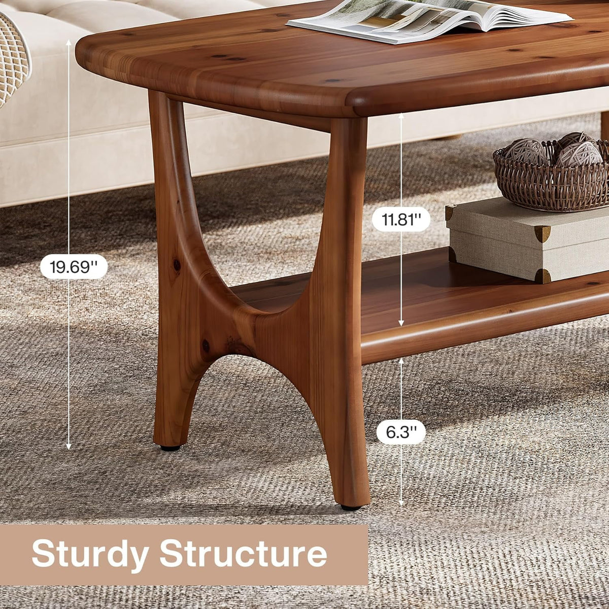 Fimind Solid Wood Coffee Table, 47.24" Mid-Century Modern Rectangle Center Table with 2-Tier Storage Shelf for Living Room, Small Space