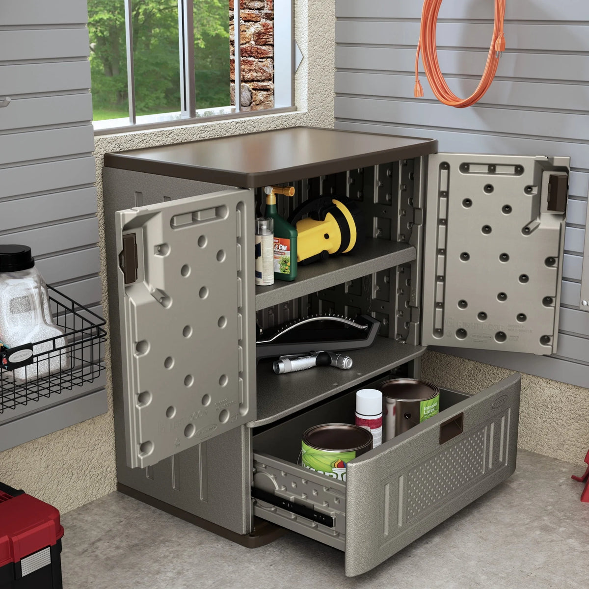 Suncast Single Drawer Resin Base Storage Cabinet, Platinum Metallic