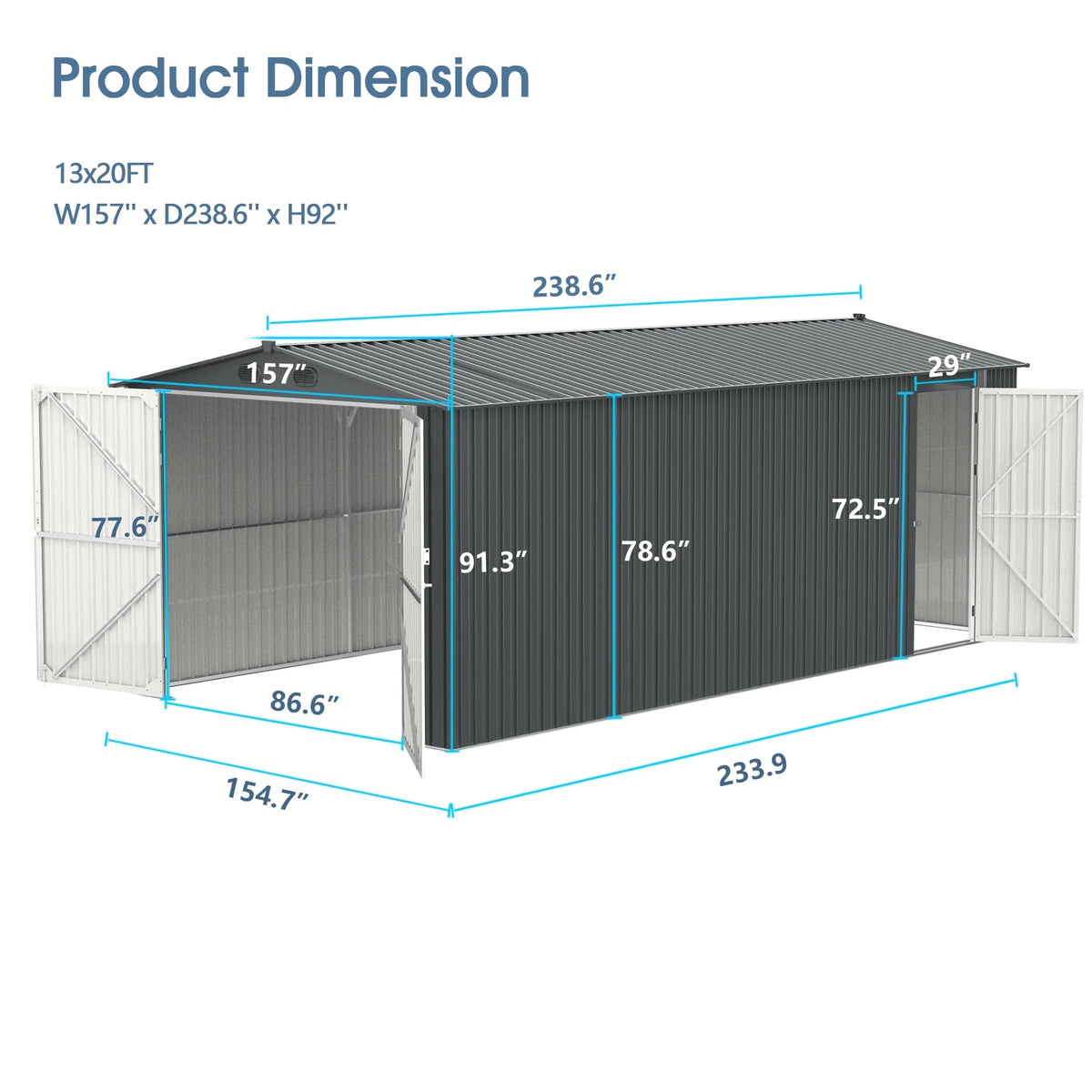 Chery Industrial 13 Ft. X 20 Ft. Dark Grey Metal Garden Storage Shed Building Car Garage