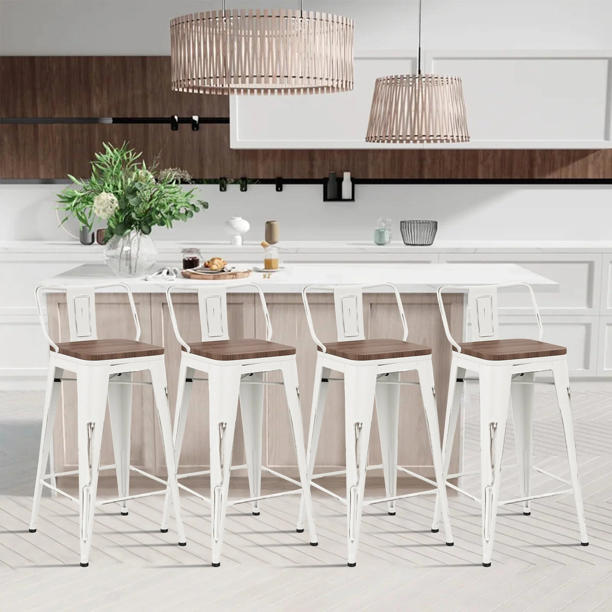 Andeworld Bar Stools Set of 4 Counter Height Stools Industrial Metal Barstools with Wooden Seats( 24 Inch, Distressed White )