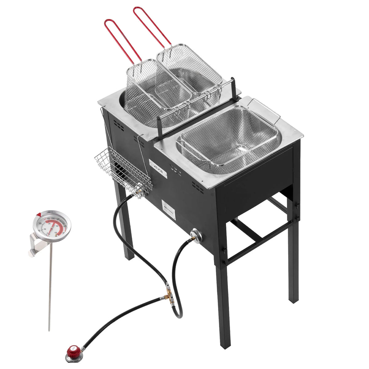 VEVOR Outdoor Propane Deep Fryer, Dual-Tank 16QTx2 Large Capacity Commercial Fryer,Stainless Steel Fish Cooker with 3 Basket,Thermometer,Floor Standing Fryers for Catering Event Camping,50,000 BTU