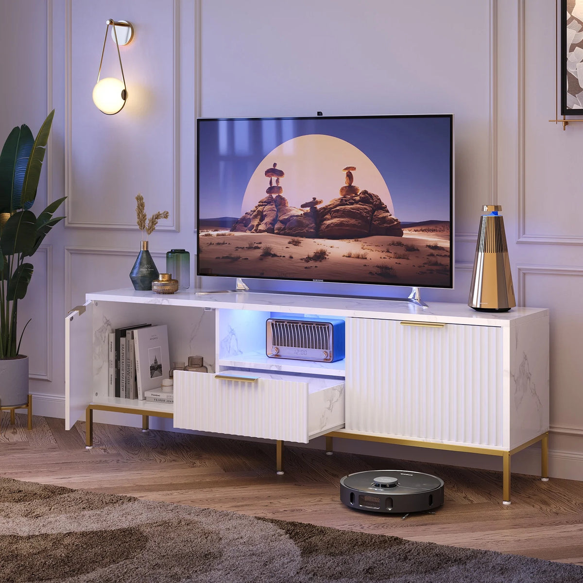 Bestier 55" LED TV Stand for TVs up to 60" Modern High Gloss Entertainment Center with Drawers Cabinets Fluted TV Console, White & Gold