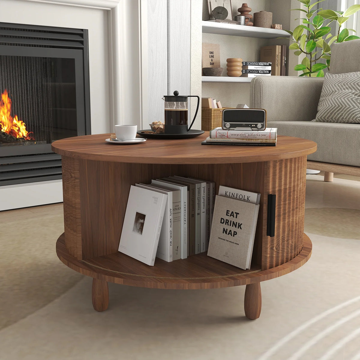 RUMLIVE Round Coffee Table with Storage, 30.7" Modern Coffee Table with 360�� Curved Sliding Door, Fluted Wood Coffee Table with Footpads, Round Center Table for Living Room, Black