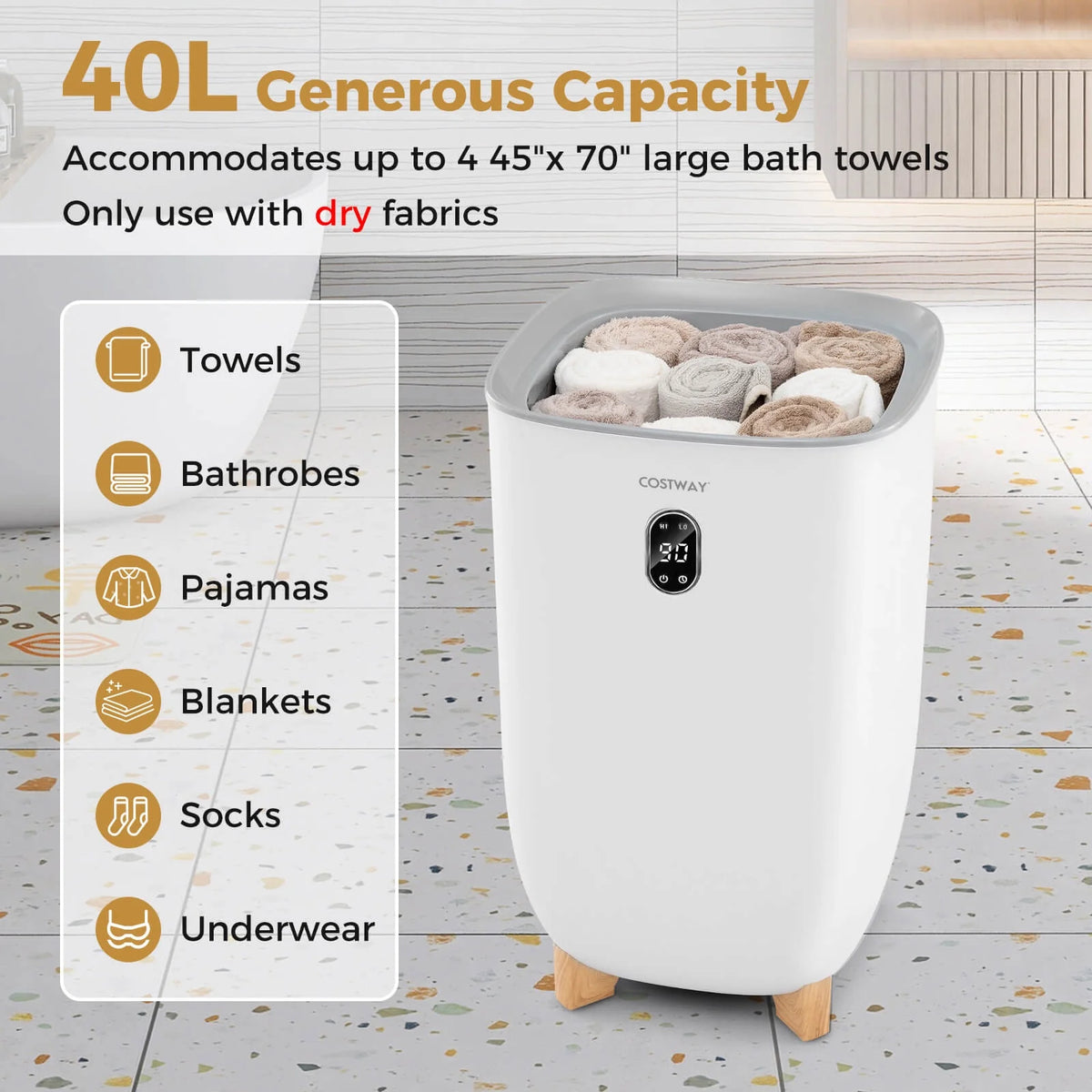 Costway 40L Large Towel Warmer for Bathroom with 2 Heat Levels Timer & Auto Shut off