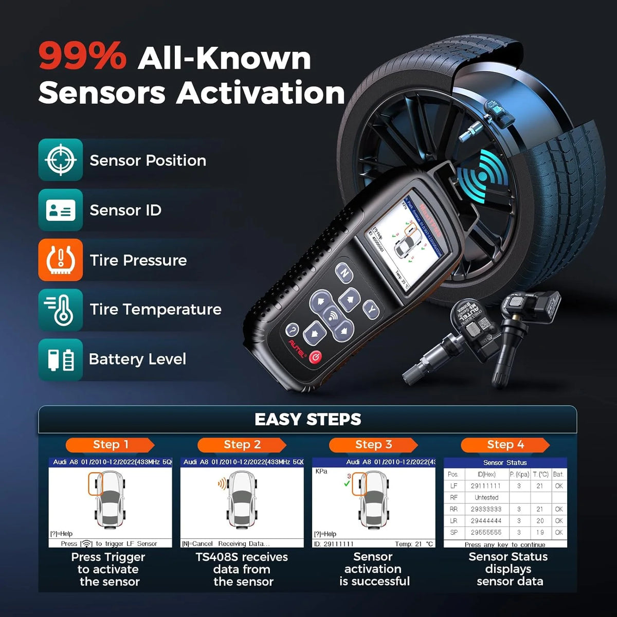 Autel MaxiTPMS TS408S, TPMS Relearn Tool Updated of TS401 TS408, OBD II Scanner, Read & Clear TPMS DTCs Relearn, Activation, TPMS Reset, Read Clear DTCs, Smae as TS501 TS601