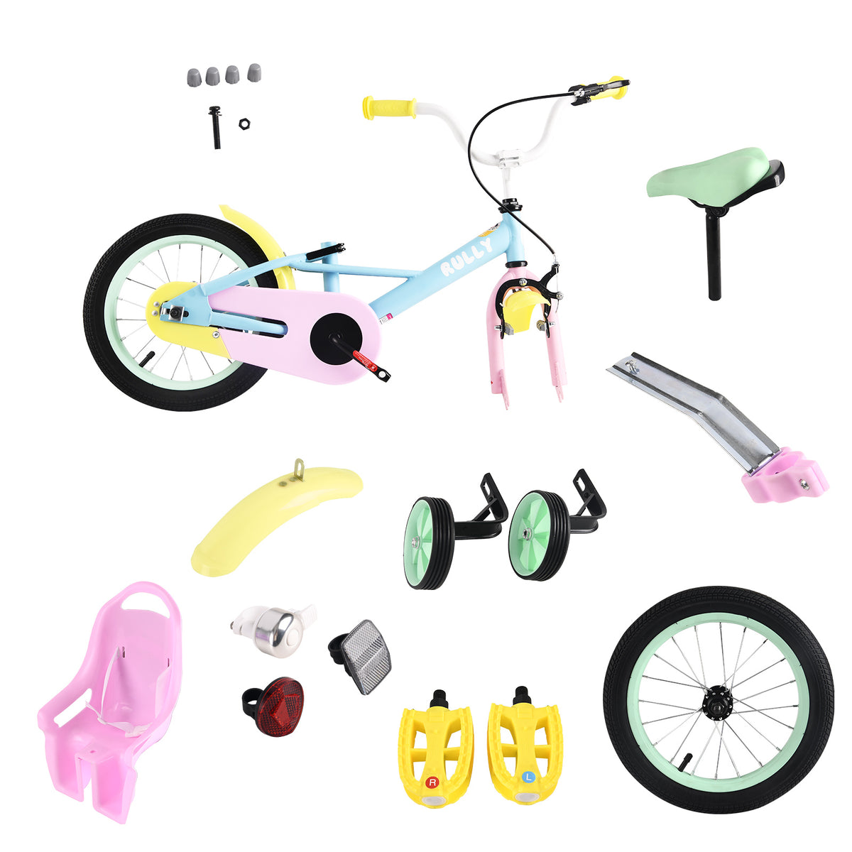 RULLY 14" Kids Bike for 3 4 5 Years Girls 35-47 inch Tall, Girls Toddler Bicycle with Training Wheels, Doll Bike Seat & Coaster Brake, Rainbow Bike, Macarons