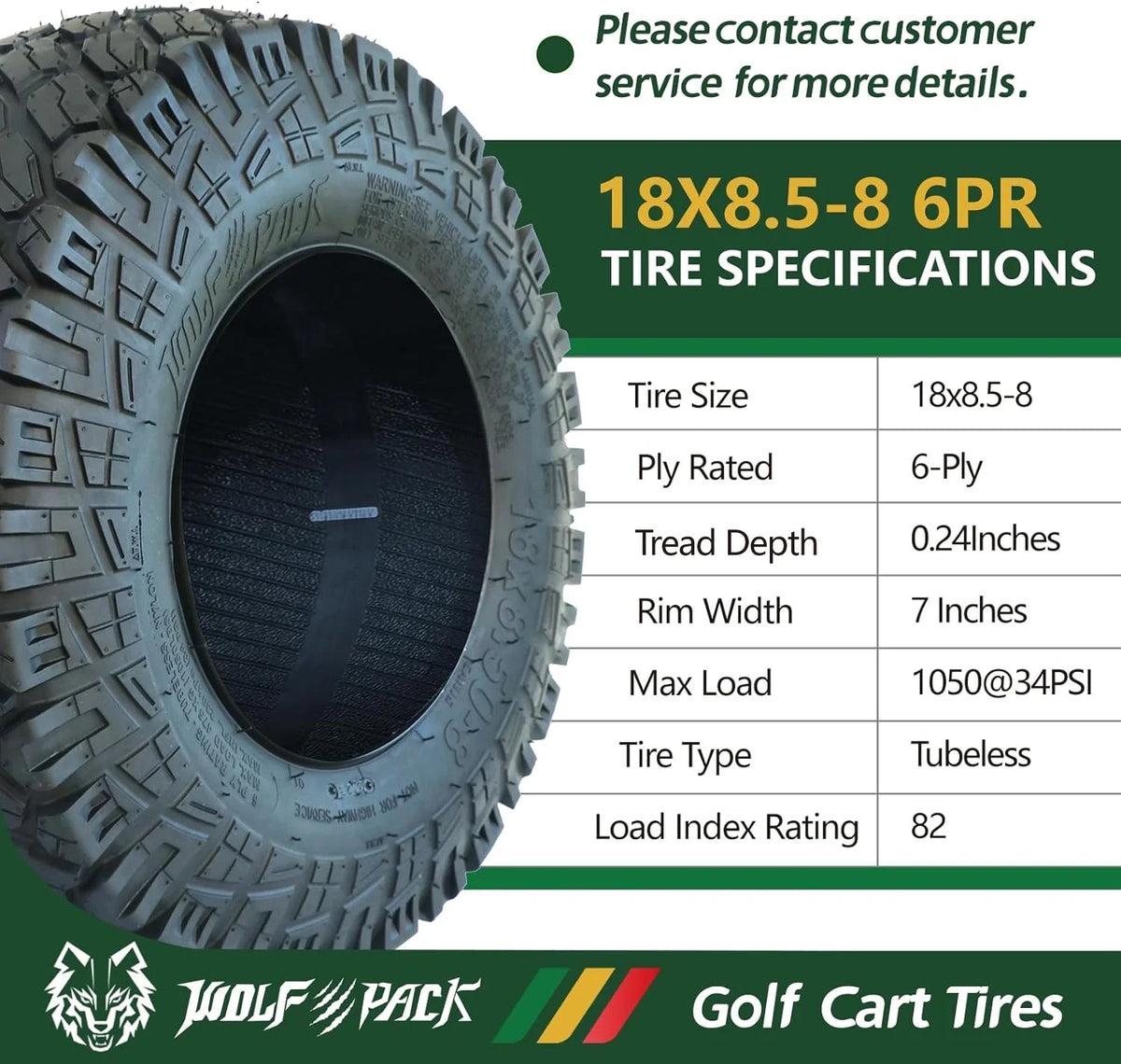 Set 4 WOLF PACK 18X8.50-8 Golf Cart Tires Non-Directional Tubeless Tire Multi-Terrain Tire with Superior Traction and Mud-Resistant Self-Cleaning Tread Design for Long-Lasting Performance