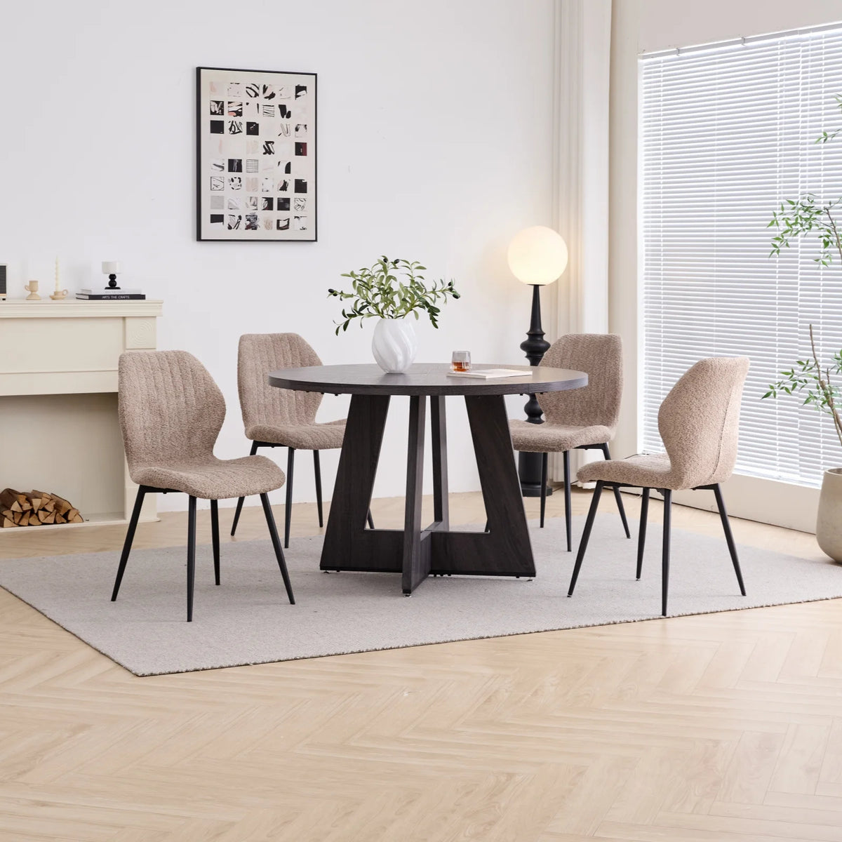 5 Piece 47'' Round Dining Table Chairs Set for 4, Farmhouse Gray Kitchen Table with 4 Boucle Mid Century Modern Dinning Room Chairs, Wood Dinner Table &Upholstered Chair Set of 4, Beige