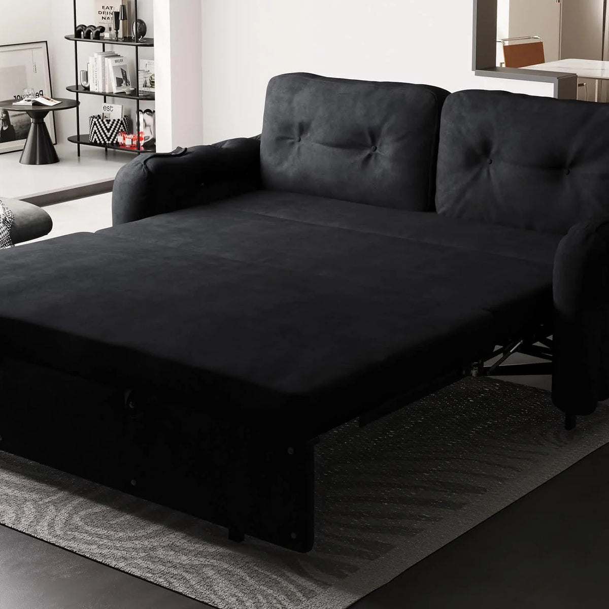 Tabaray 63.8" Futon Sofa Bed Queen Size, Pull Out Bed, 3-in-1 Convertible Sleeper Sofa with Side Pocket, Modern Plush Velvet Futon Couch for Living Room, Small Space, Apartment, Bedroom, Black