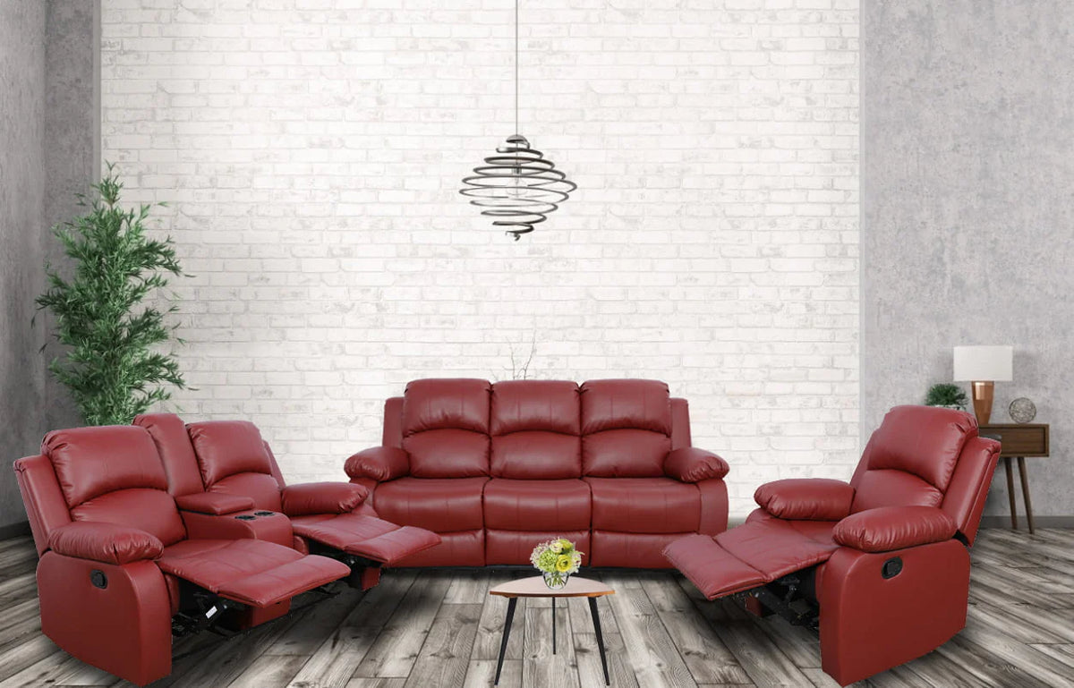 Ainehome Red Leather 3 Pieces Reclining Sofa Sets, Recliner Sofa for Living Room