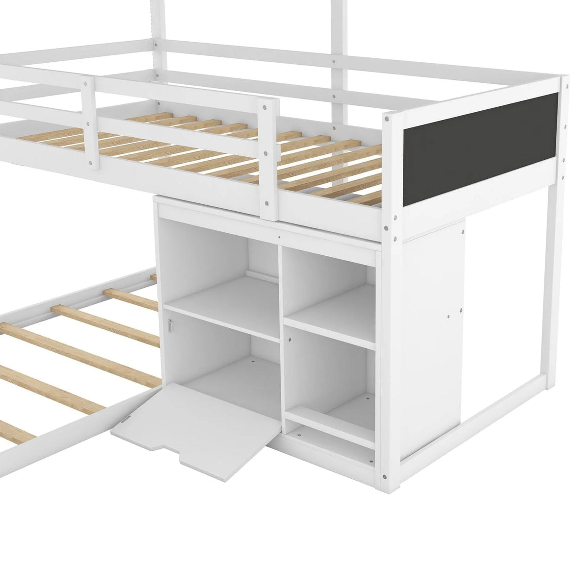 Triple Bunk Beds, L-Shaped Triple Beds with Storage Cabinet & Blackboard, Solid Wood Bunk Beds Frame with Full-length Guardrails & Built-in Ladder for Kids, Teens, 3 Beds in 1, Twin/Twin/Twin, White