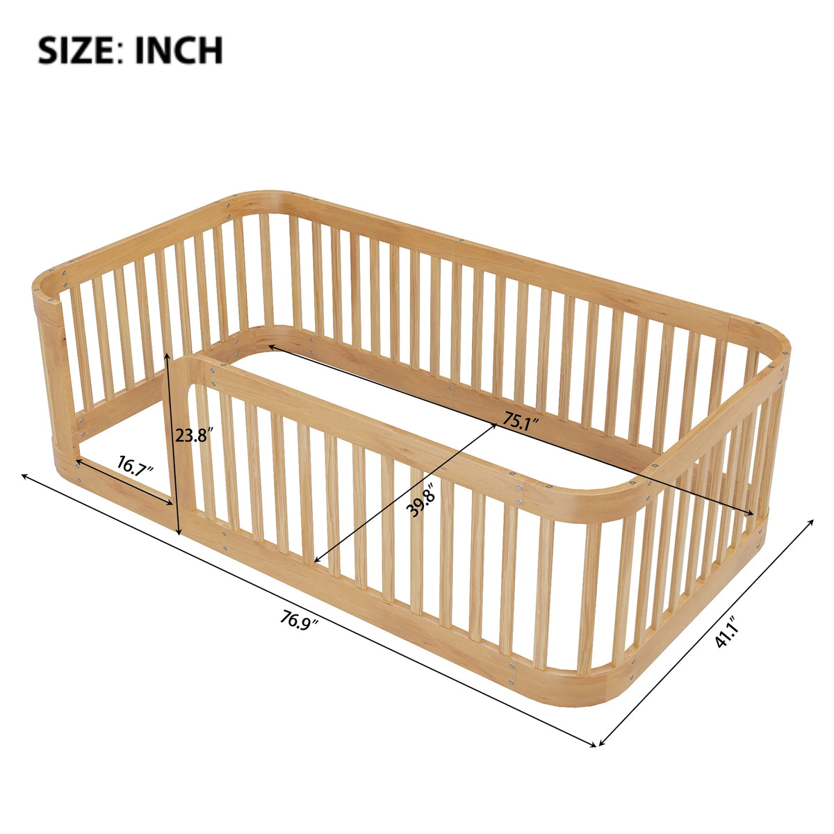 Euroco Twin Size Floor Bed with Fence for Kids Teens and Toddlers, White