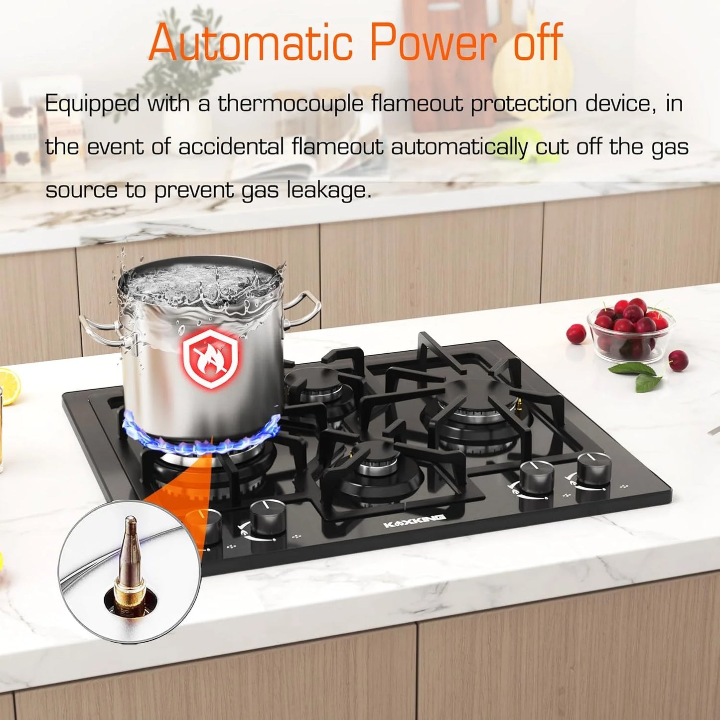 24 Inch Black Gas Cooktop - Built-in Dual Fuel Natural Gas & Propane Stove - 4 Burner Convertible Cooktop with Thermocouple Protection