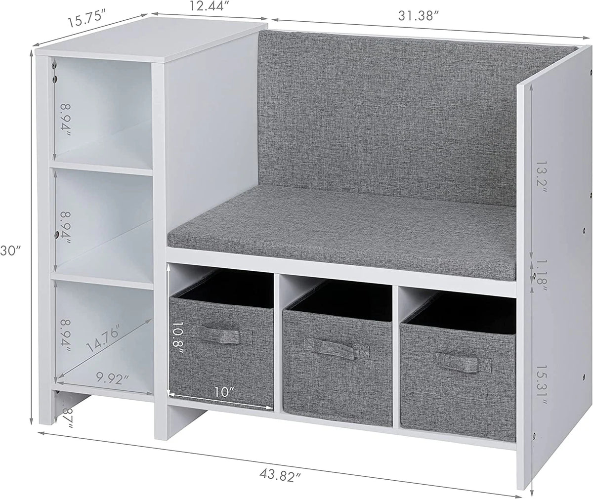 UTEX Kids Bookcase with Reading Seat, 6-Cubby Kids Toy Storage Organizer with Bins, Kids Bookshelf and Storage for Boys and Girls, White