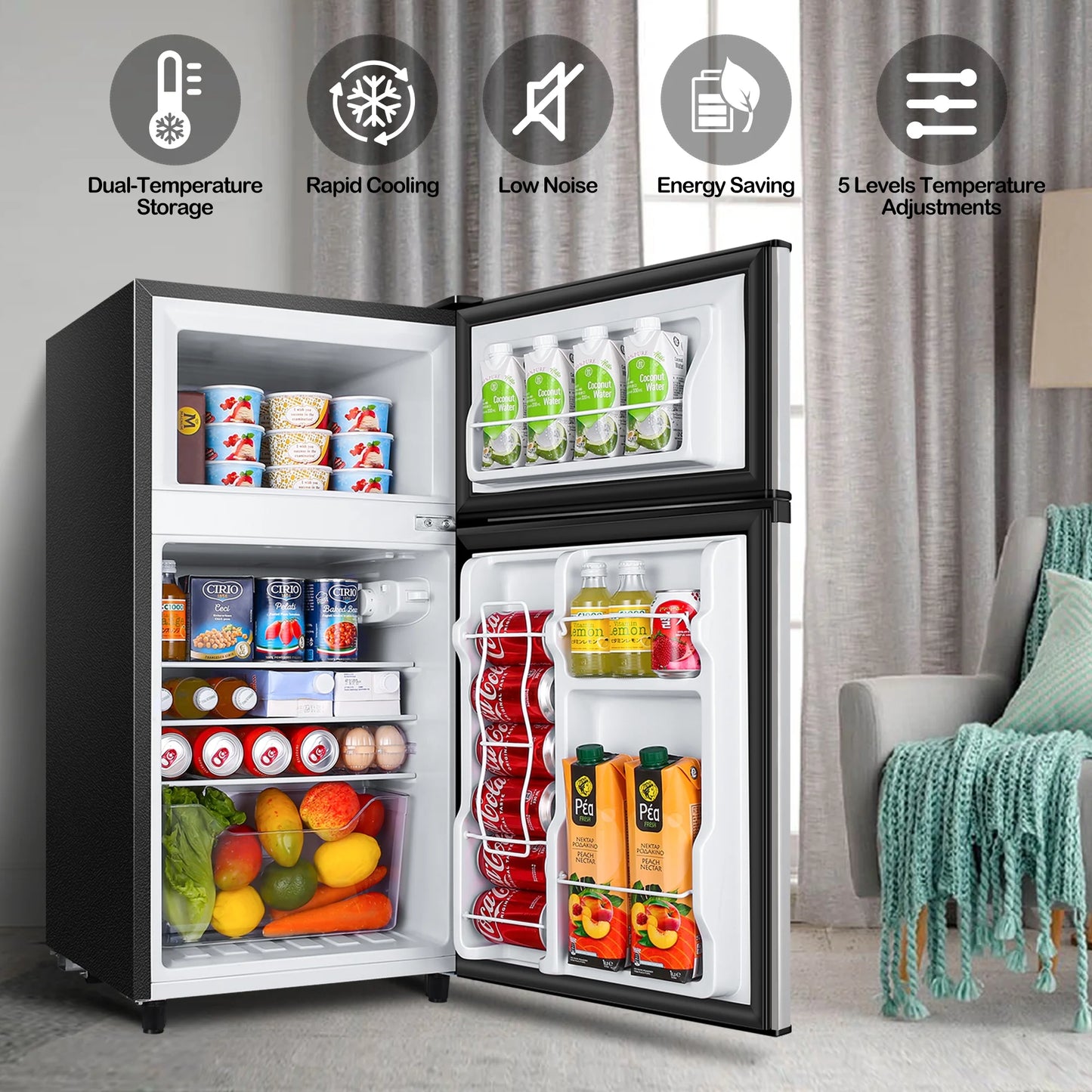 WANAI 3.5 Cu ft Two Door Mini Fridge, Silvery