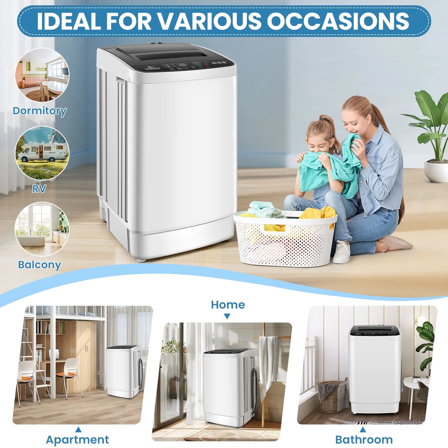 Veeboto 20lbs Fully Automatic Washing Machine, Washer Machine with 10 Wash Programs/8 Water Levels, Portable Washing Machine with LED Display & 1 Adjustable feet, White