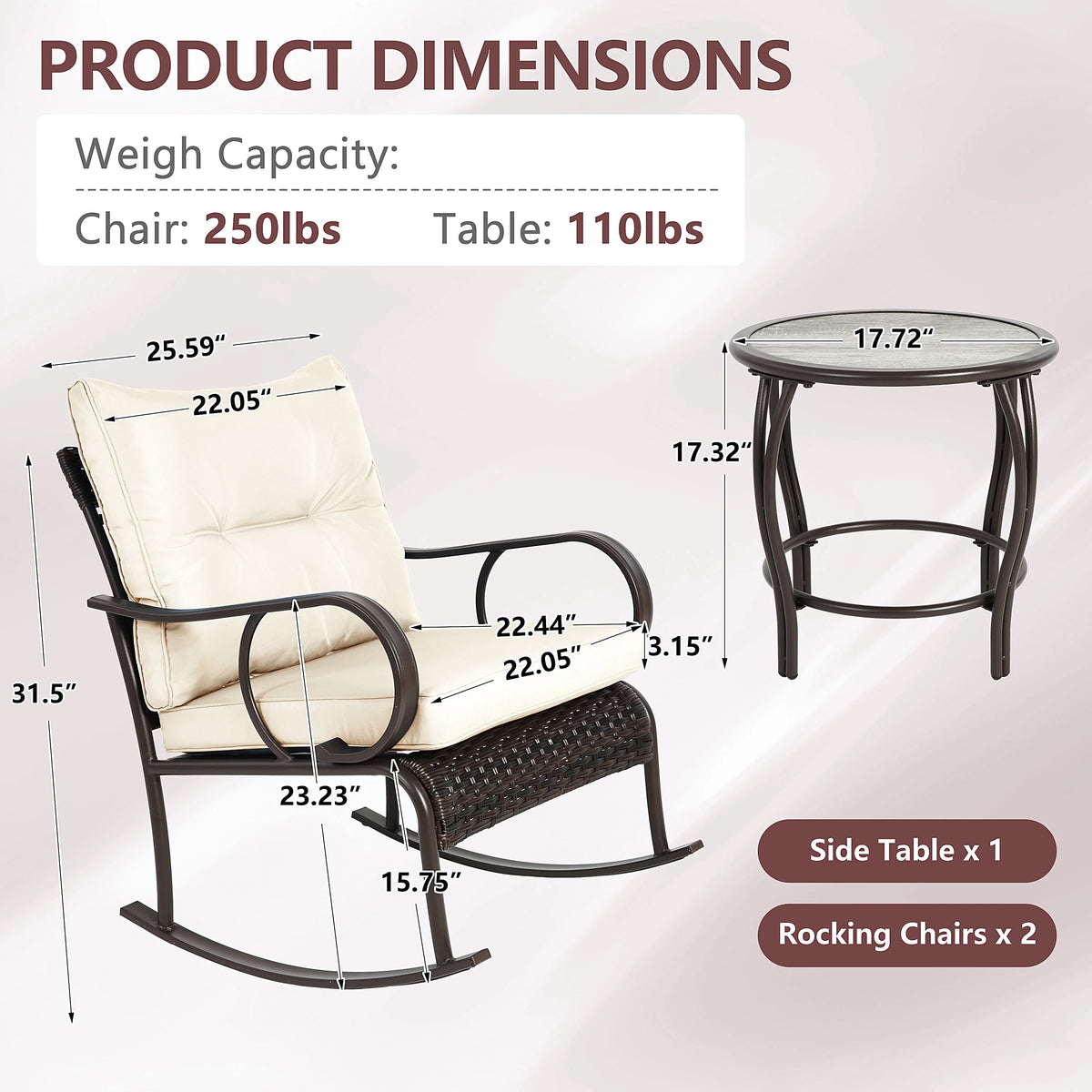 Outdoor Conversation Set of 3, Outdoor Patio Rocking Chair Set with Cushions & Coffee Table, All Weather Wicker Patio Furniture Set, Ideal for Patio, Poolside, Yard, Deck, Coffee Bar
