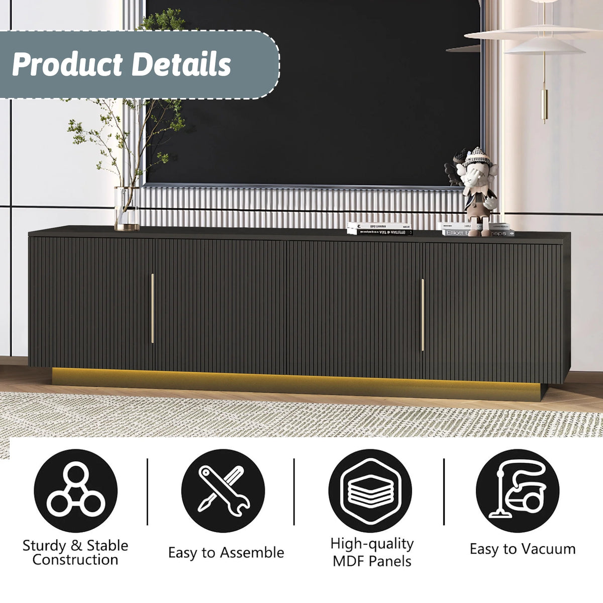 HIUU Fluted TV Stand Black,Black TV Console for Living Room,Mid Century Modern Entertainment Center 65 Inch TVs,Luxury Retro Console Table