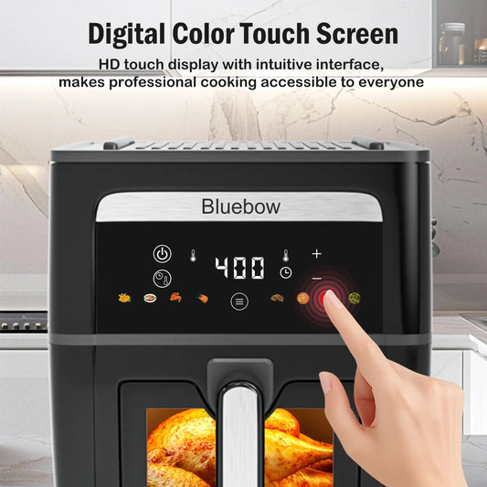 Bluebow 9QT Air Fryer & Grill Pan Combo, Large Capacity, 8 Preset Functions, Non Toxic, Non-Stick, View Window, Black