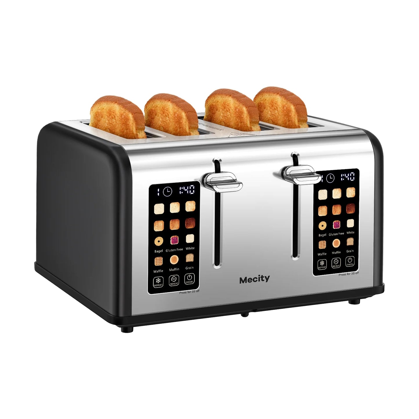 Mecity 4-Slice Touchscreen Toaster, Stainless Steel, 6 Browning Settings, Reheat, Cancel, Defrost, Removable Tray