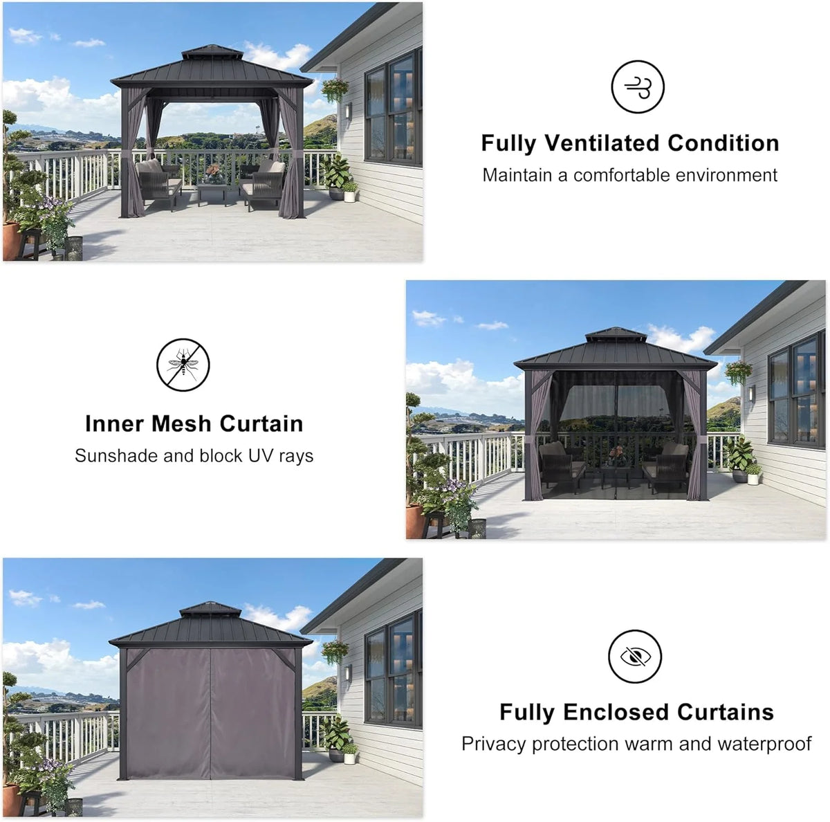 PURPLE LEAF 8' X 8' Gazebo Outdoor Gazebo Permanent Hardtop Gazebo with Galvanized Steel Double Roof for Patio Backyard Deck Aluminum Gazebo with Netting and Curtains Grey
