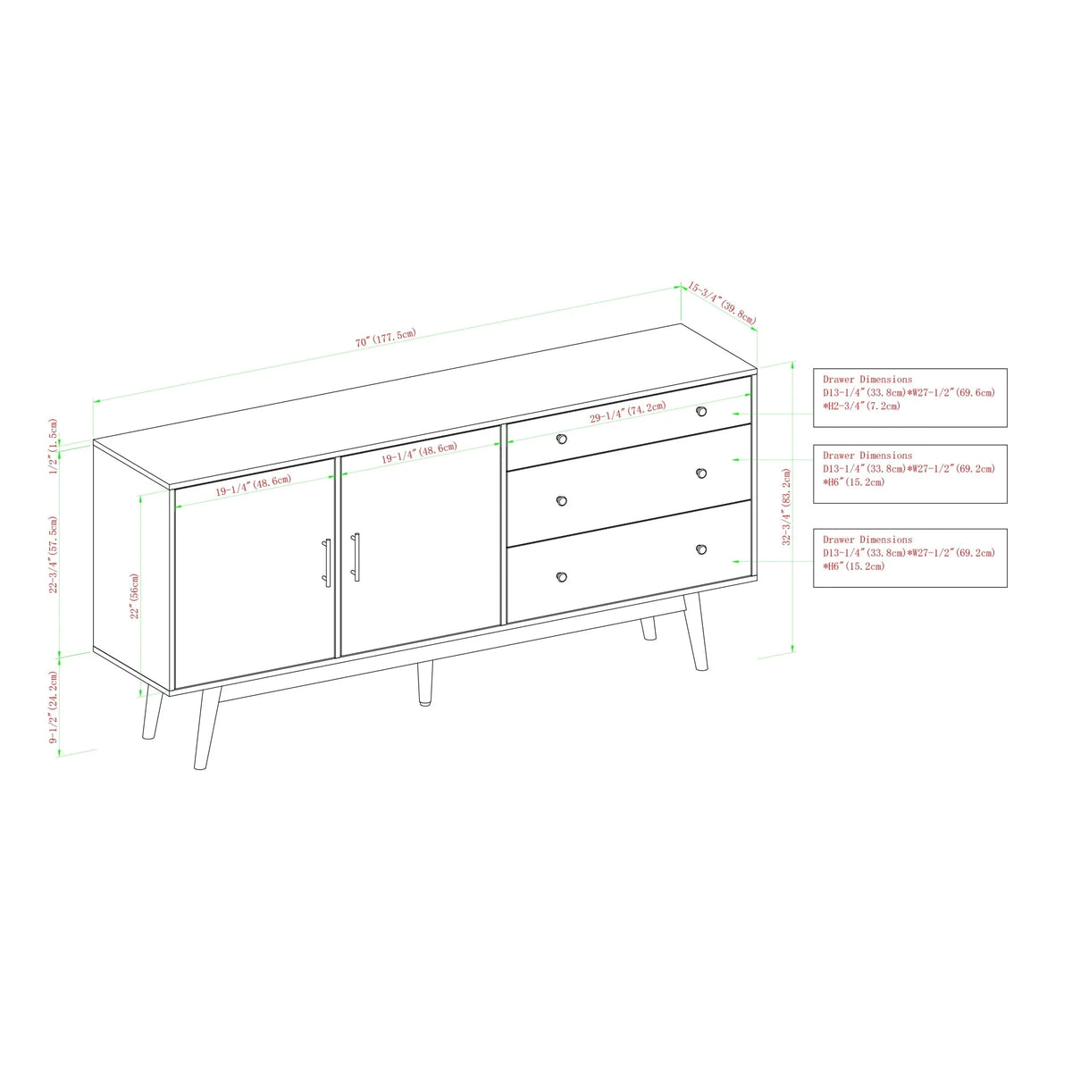 Mid Century Modern 3-Drawer and 2-Door Acorn Sideboard