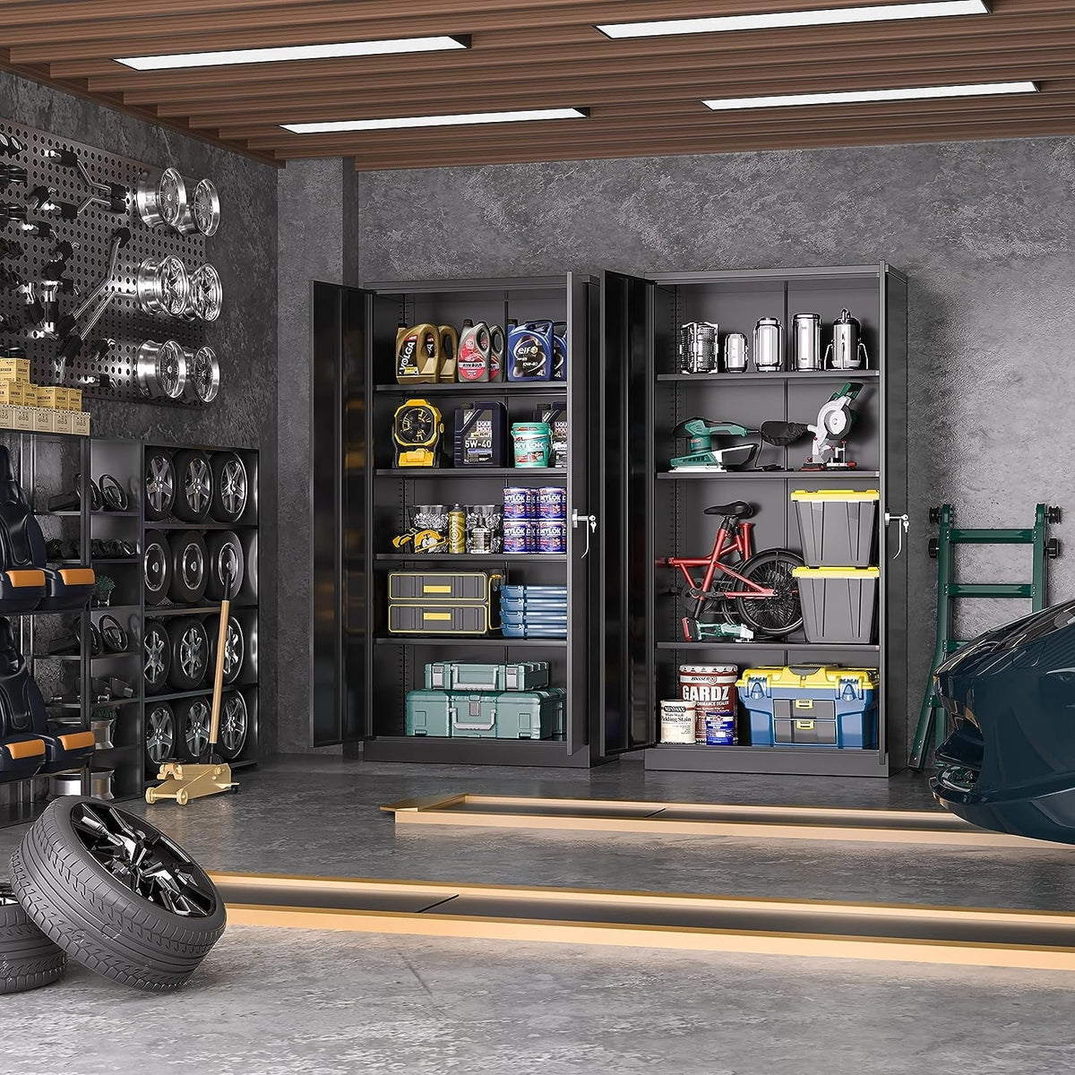 Metal Storage Garage Cabinets with Locking Doors and Adjustable Shelves, 72 inch Tall Storage Cabinet for Office, Home (Black)