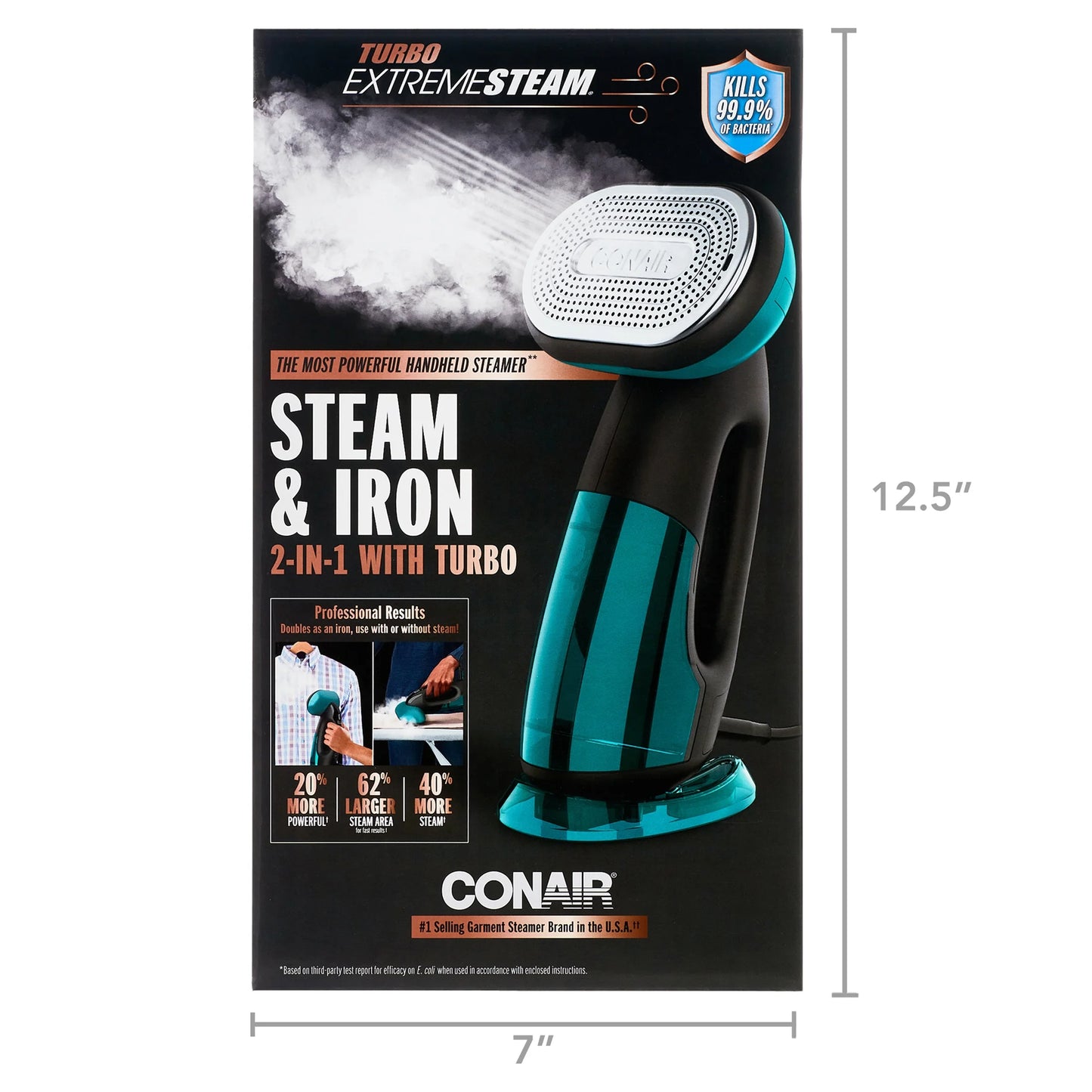Conair Turbo ExtremeSteam 1875 Watt Handheld Fabric, 2-in-1 Steam and Iron Garment Steamer, One Size, Black/Green GS107