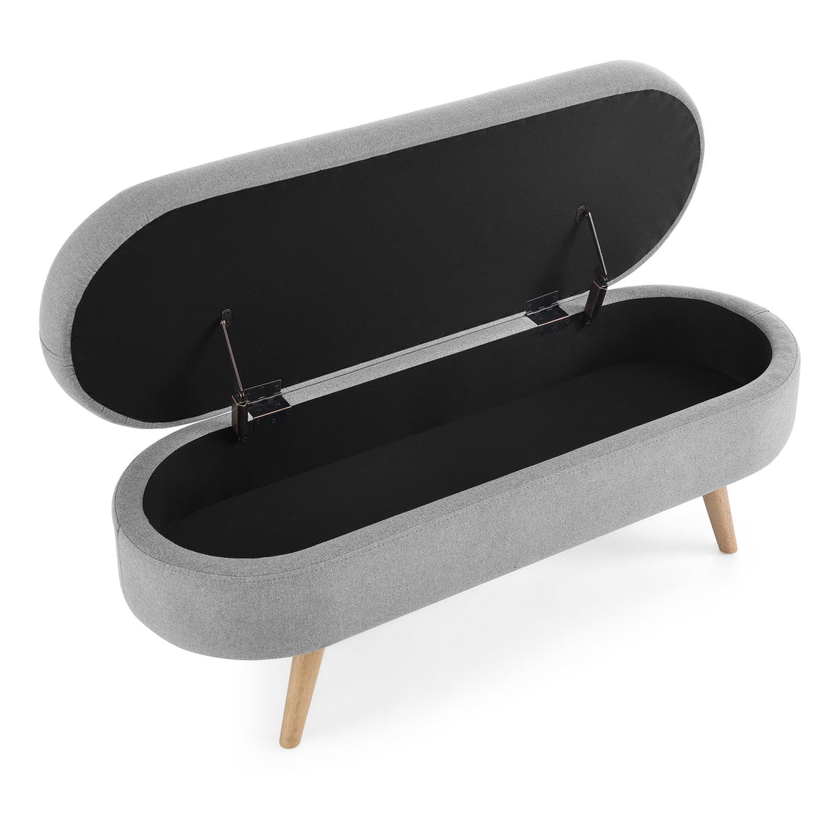 43.5" Oval Storage Ottoman Bench with Solid Wood Legs, Linen Fabric Upholstered Entryway Bench with Safety Hinge, Indoor Bench for End of Bed, Sofa Side, Entryway