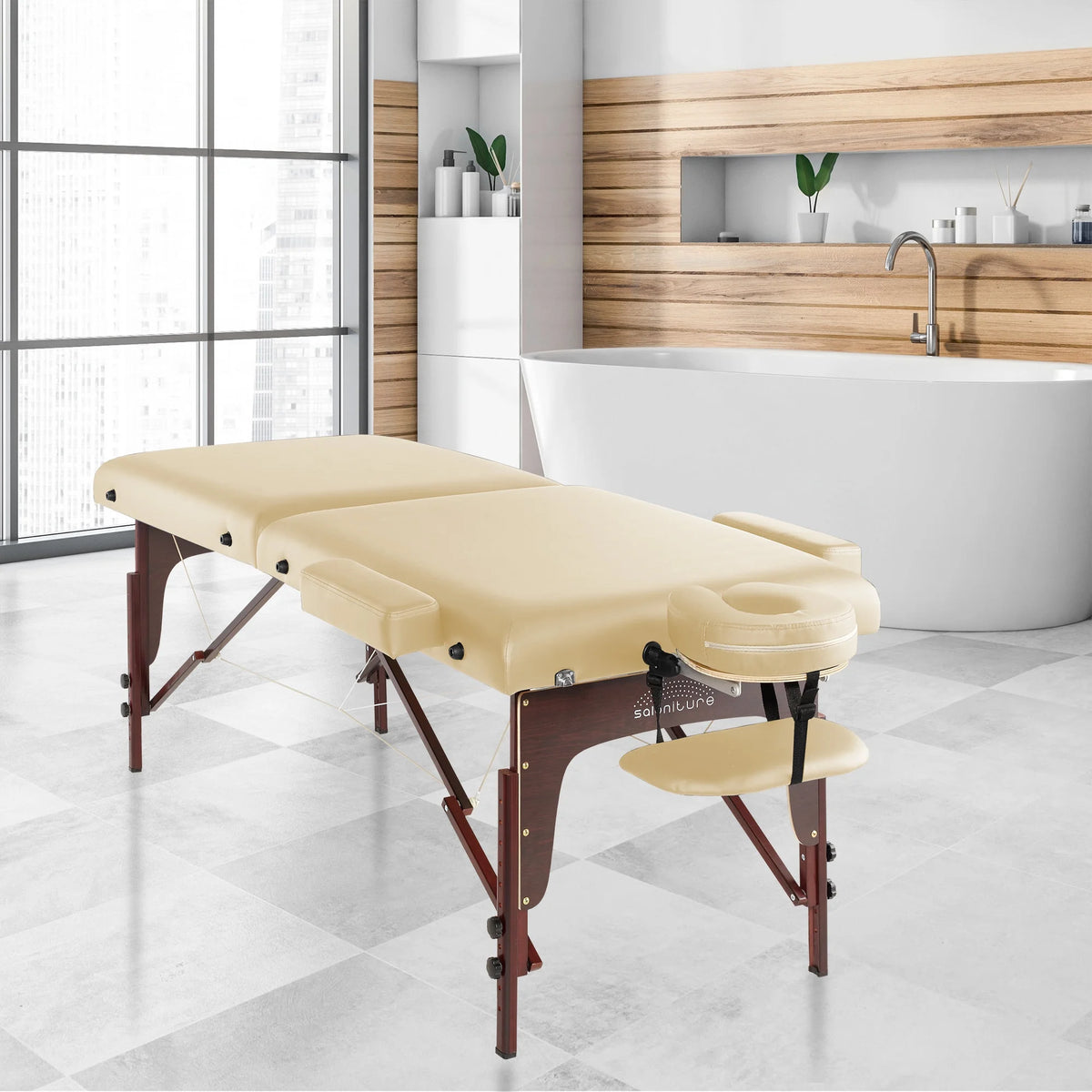 Saloniture Professional Portable Lightweight Bi-Fold Memory Foam Massage Table with Reiki Panels - Includes Headrest, Face Cradle, Armrests and Carrying Case - Burgundy