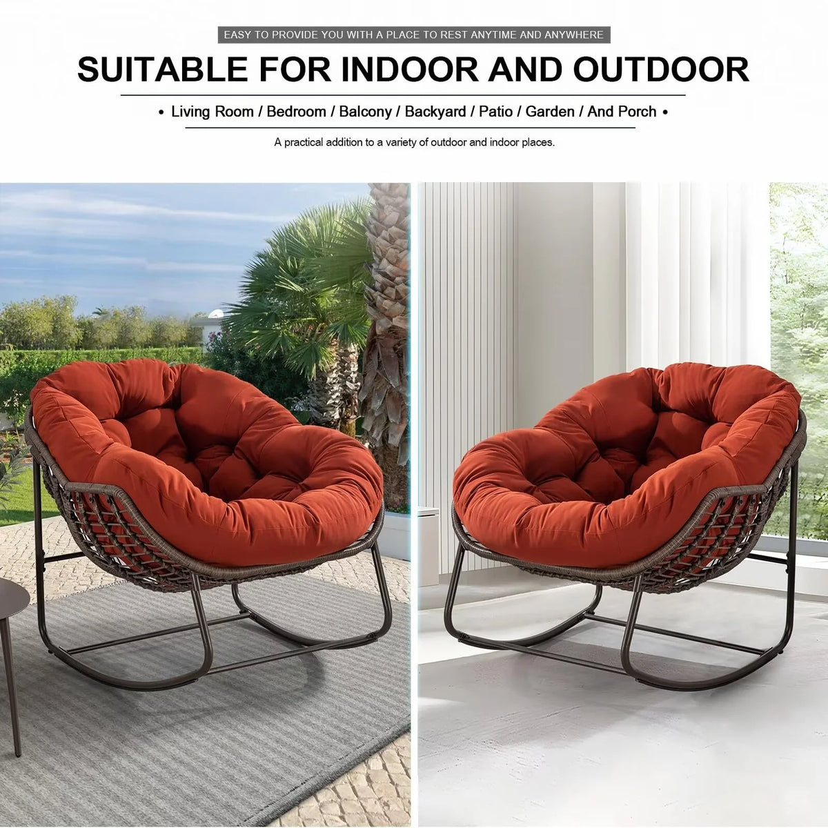 Outdoor Papasan Rocking Chair, Patio Oversized Wicker Egg Rocking Chair, Indoor & Outdoor Comfy Rocker Chair with Thick Cushion, Modern Lounge Chair for Front Porch, Garden, Backyard, Grey