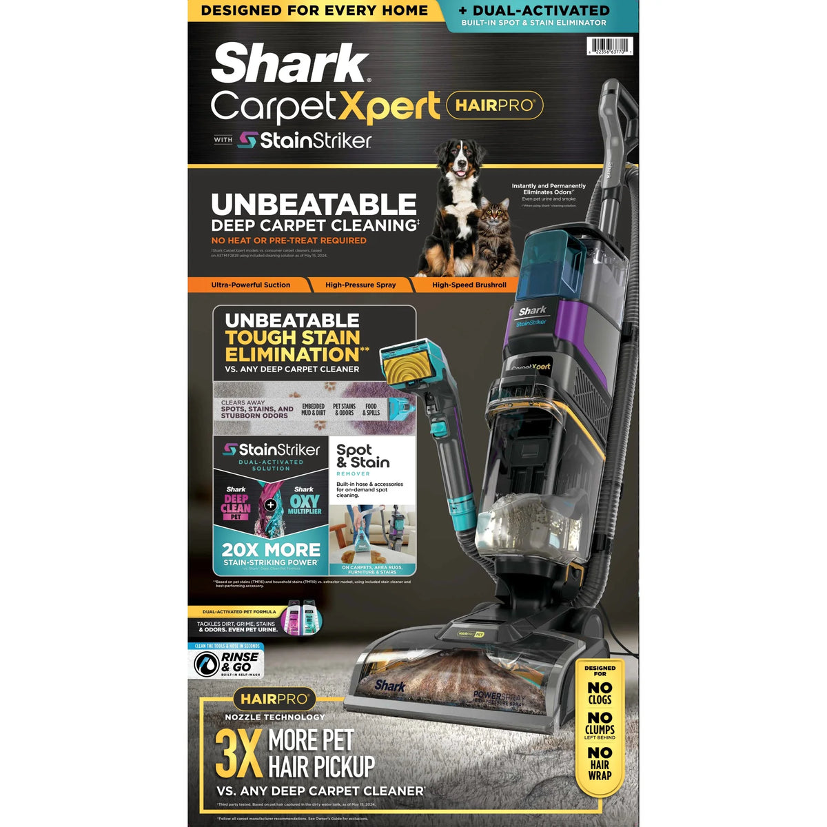 Shark CarpetXpert 2-in-1 Upright Deep Carpet Corded Vacuum, with HairPro StainStriker Technology, Built-in Spot & Stain Eliminator, with 12oz Deep Clean Pro and 16oz Oxy Multiplier, EX300 Gray